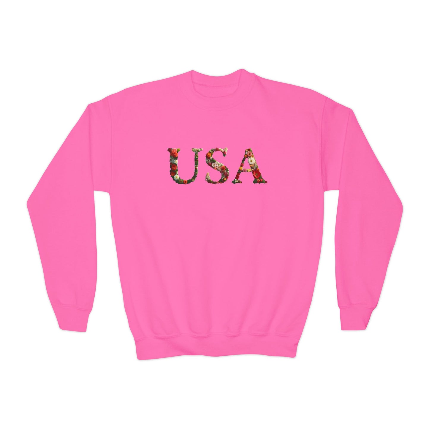 "USA" Floral Youth Crewneck Sweatshirt | Perfect for Independence Day, Casual Outings, Gifts, Stylish Comfort, Spring Fashion