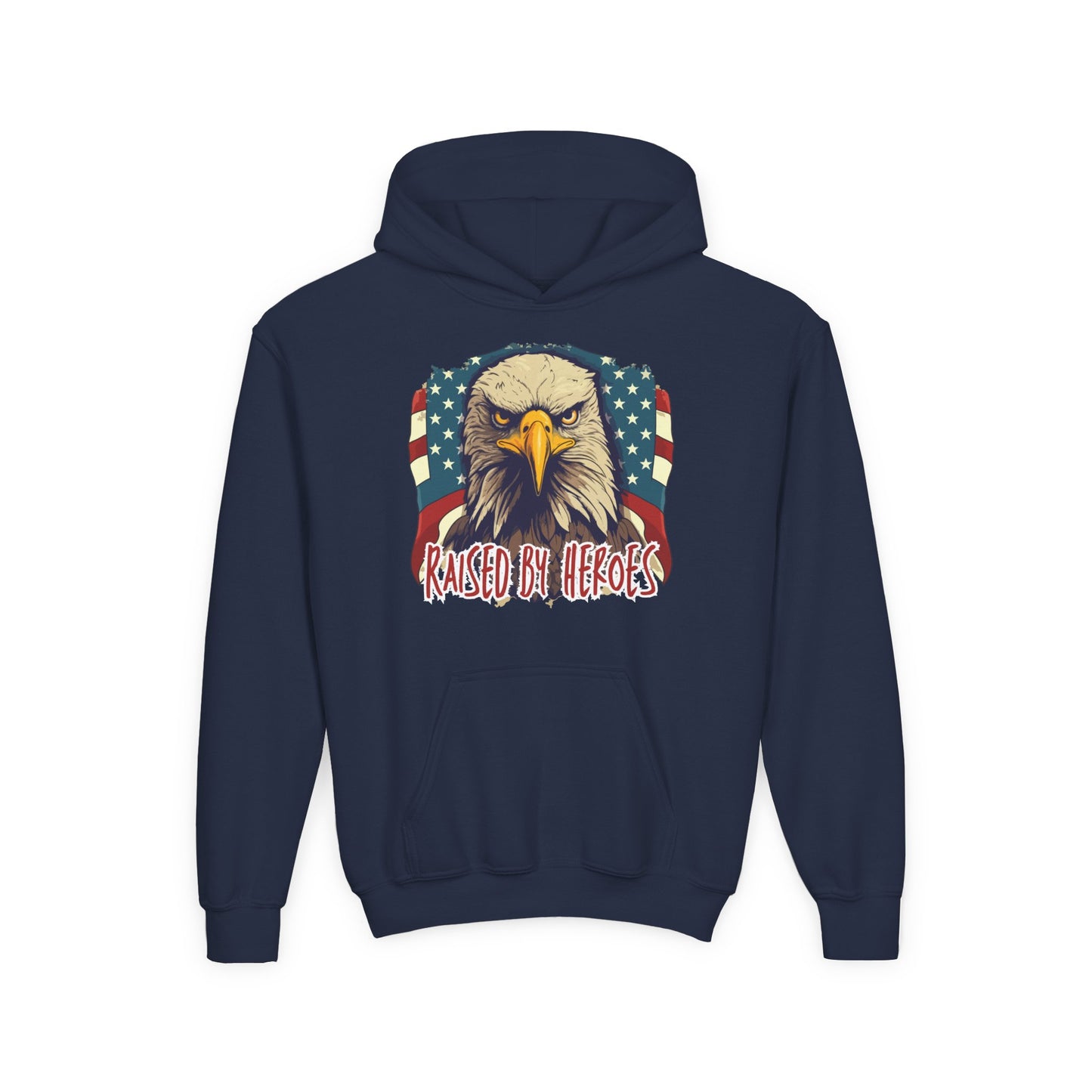 ‘Raised by Heroes’ Patriotic Youth Heavy Blend Hoodie, American Spirit Apparel