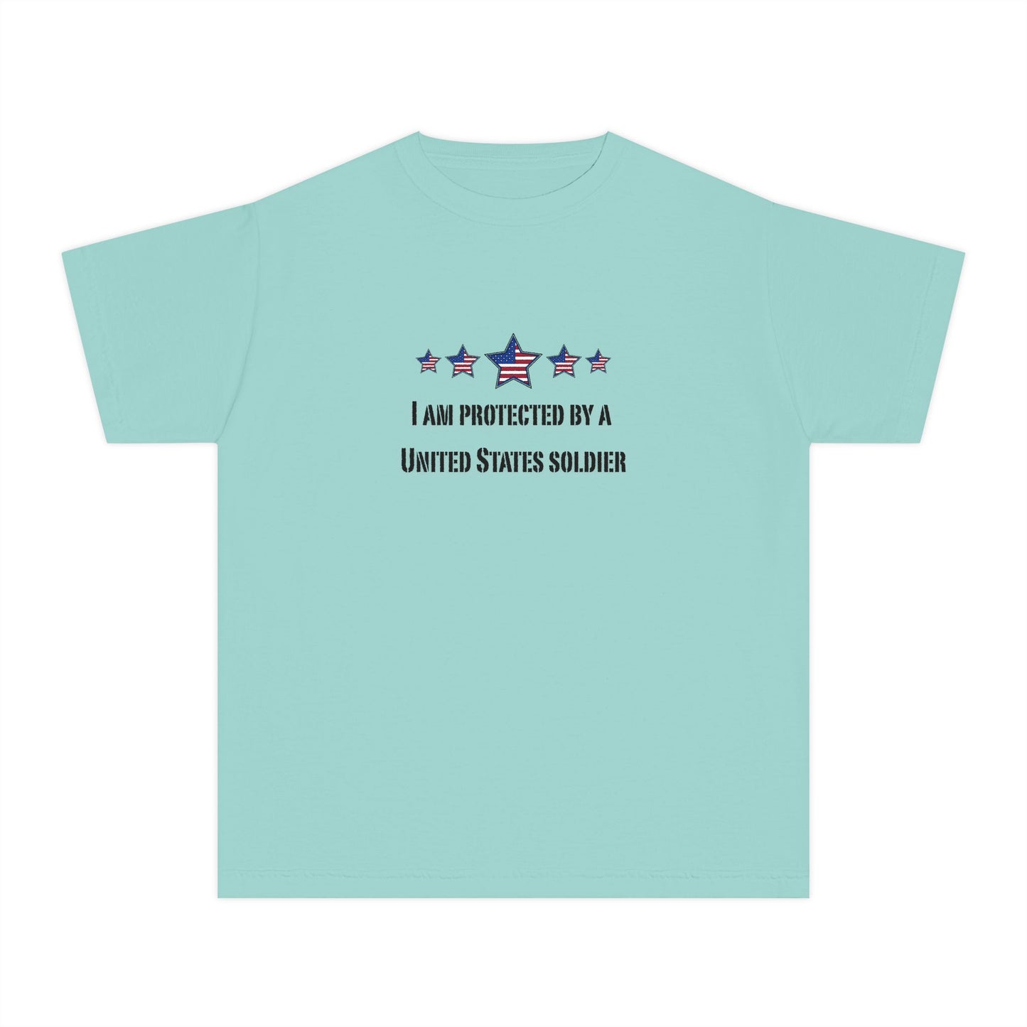 I am protected by a U.S. Soldier Youth Military-Inspired Tee: Proud Supporter Shirt, Patriotic Gift for Kids, Memorial Day, Veterans Day, Family Support Apparel