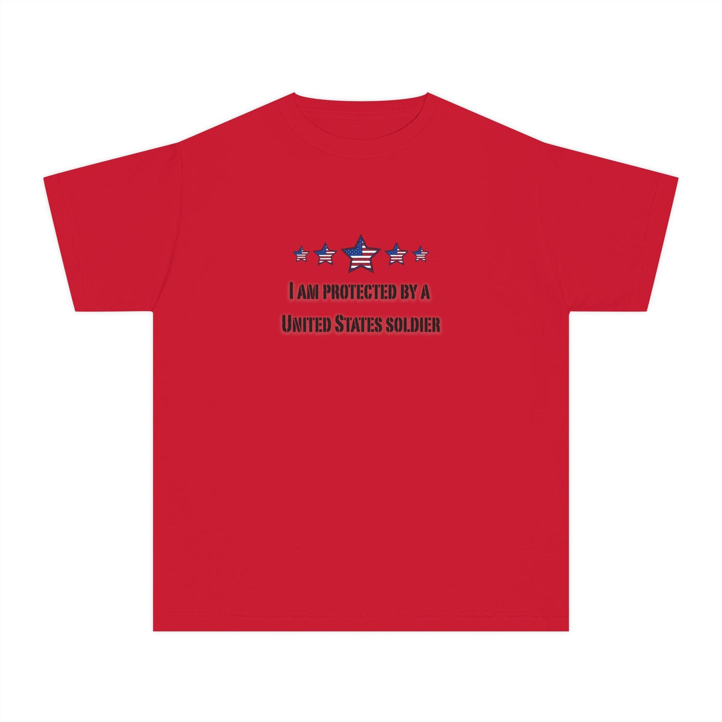 I am protected by a U.S. Soldier Youth Military-Inspired Tee: Proud Supporter Shirt, Patriotic Gift for Kids, Memorial Day, Veterans Day, Family Support Apparel