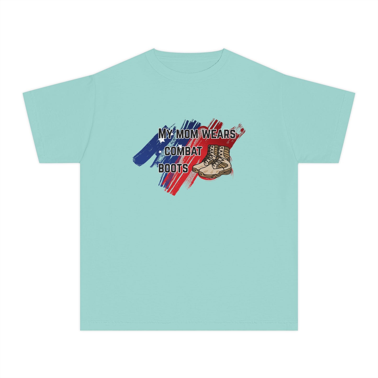 'My Mom Wears Combat Boots' Youth Tee, Military Pride Shirt, Patriotic Youth T-Shirt, Gifting for Veterans Day, USA Flag Apparel
