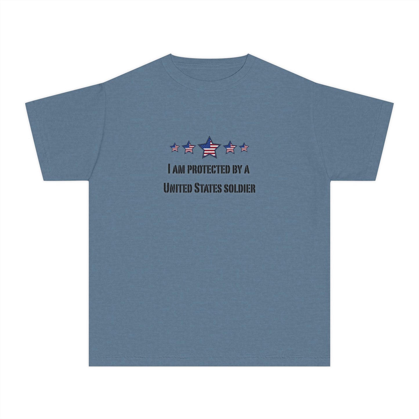 I am protected by a U.S. Soldier Youth Military-Inspired Tee: Proud Supporter Shirt, Patriotic Gift for Kids, Memorial Day, Veterans Day, Family Support Apparel