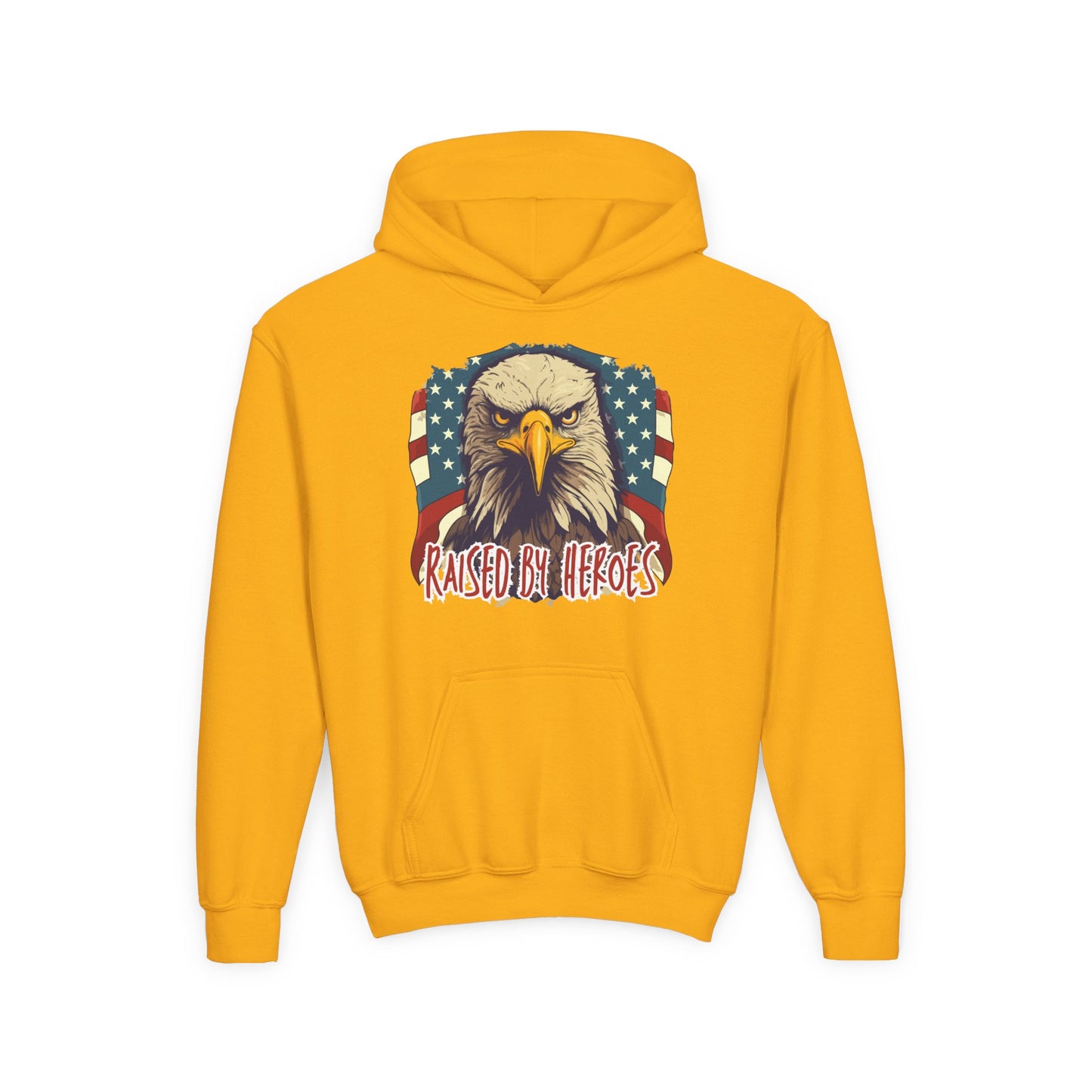 ‘Raised by Heroes’ Patriotic Youth Heavy Blend Hoodie, American Spirit Apparel