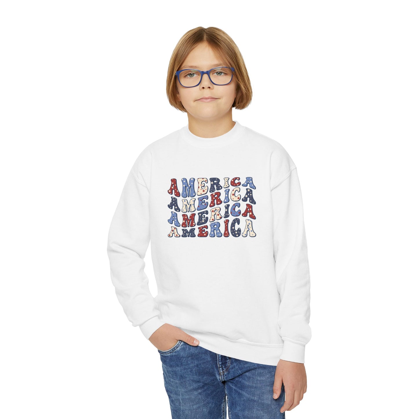 'America' USA Pride Youth Crewneck Sweatshirt, Cozy Kids Apparel, Patriotic Sweatshirt, America Theme Gift, Independence Day Clothes
