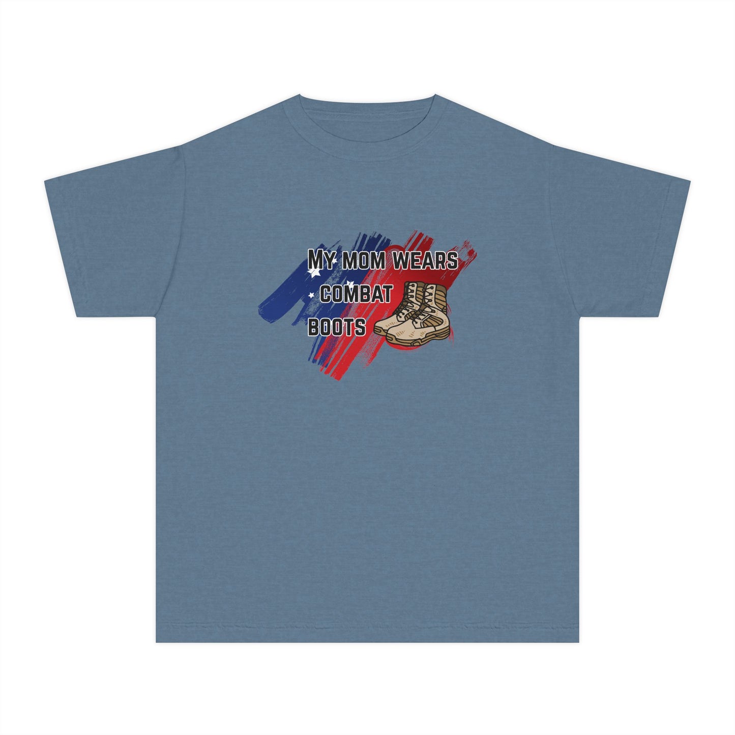 'My Mom Wears Combat Boots' Youth Tee, Military Pride Shirt, Patriotic Youth T-Shirt, Gifting for Veterans Day, USA Flag Apparel