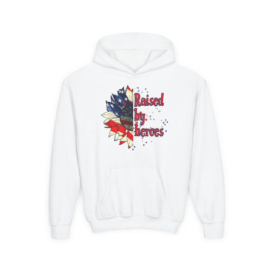 'Raised by Heroes' Pullover,' Patriotic Youth Hoodie, Rustic American Flag Sweatshirt, Independence Day Gift, Comfortable Kids Apparel