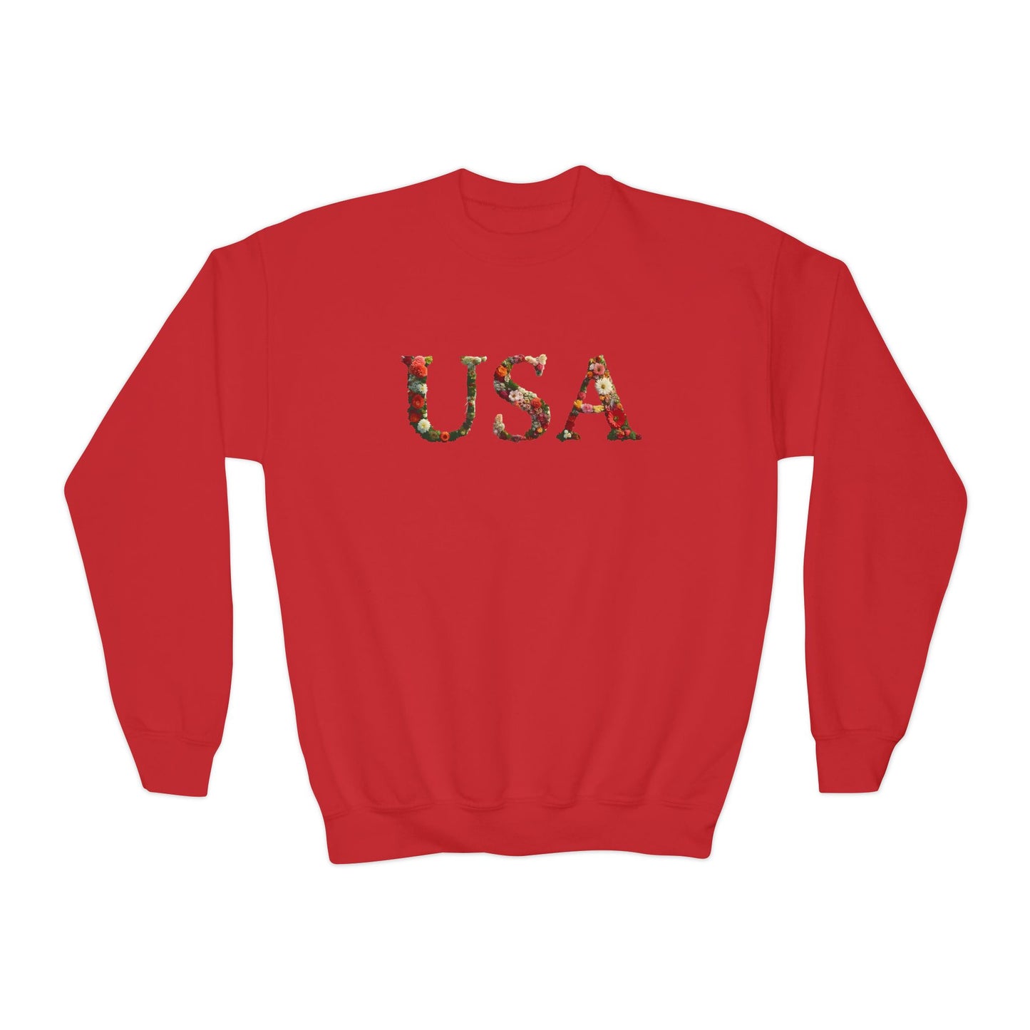 "USA" Floral Youth Crewneck Sweatshirt | Perfect for Independence Day, Casual Outings, Gifts, Stylish Comfort, Spring Fashion