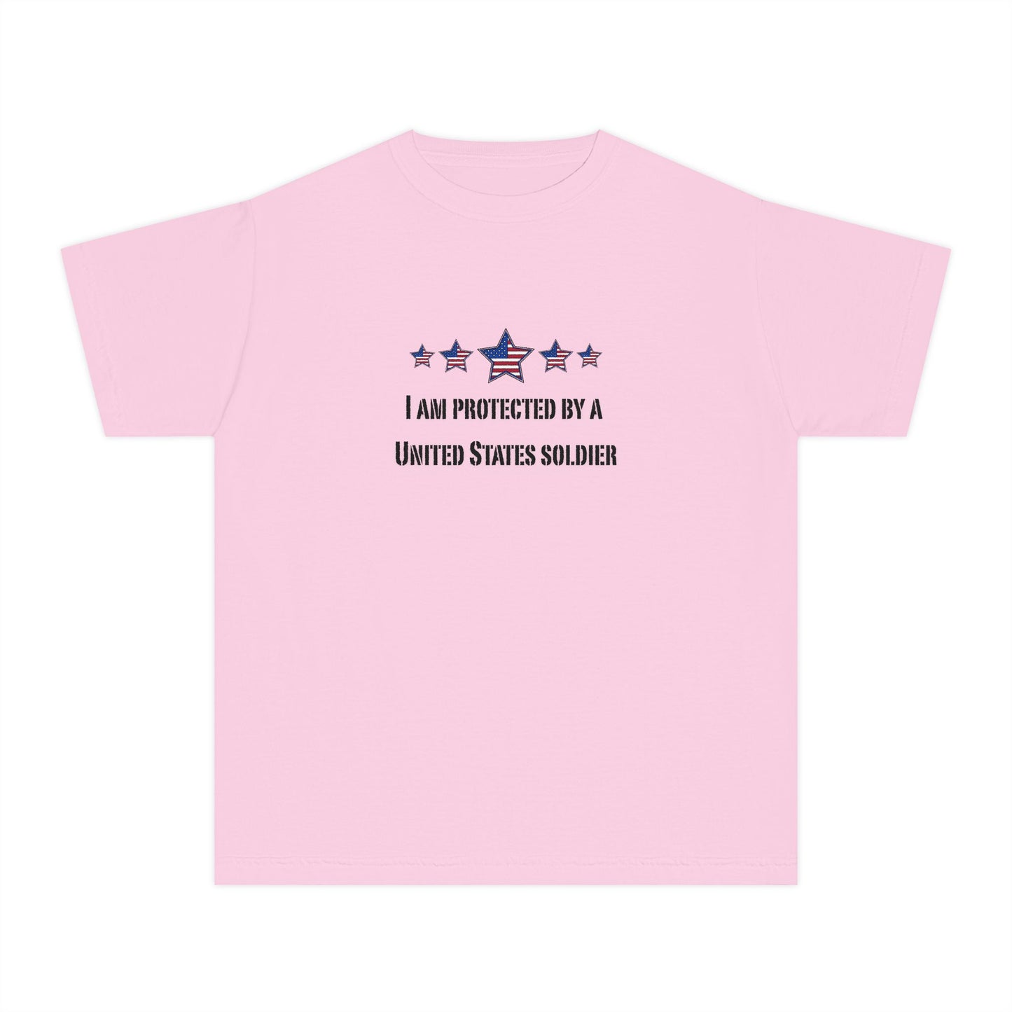 I am protected by a U.S. Soldier Youth Military-Inspired Tee: Proud Supporter Shirt, Patriotic Gift for Kids, Memorial Day, Veterans Day, Family Support Apparel
