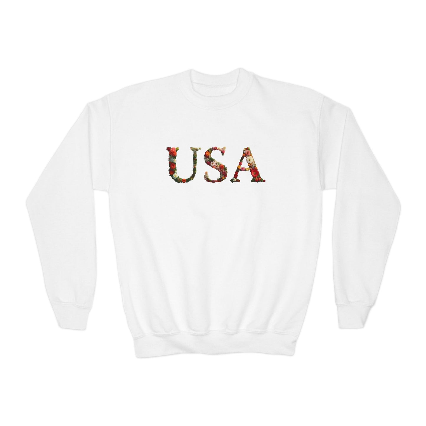 "USA" Floral Youth Crewneck Sweatshirt | Perfect for Independence Day, Casual Outings, Gifts, Stylish Comfort, Spring Fashion