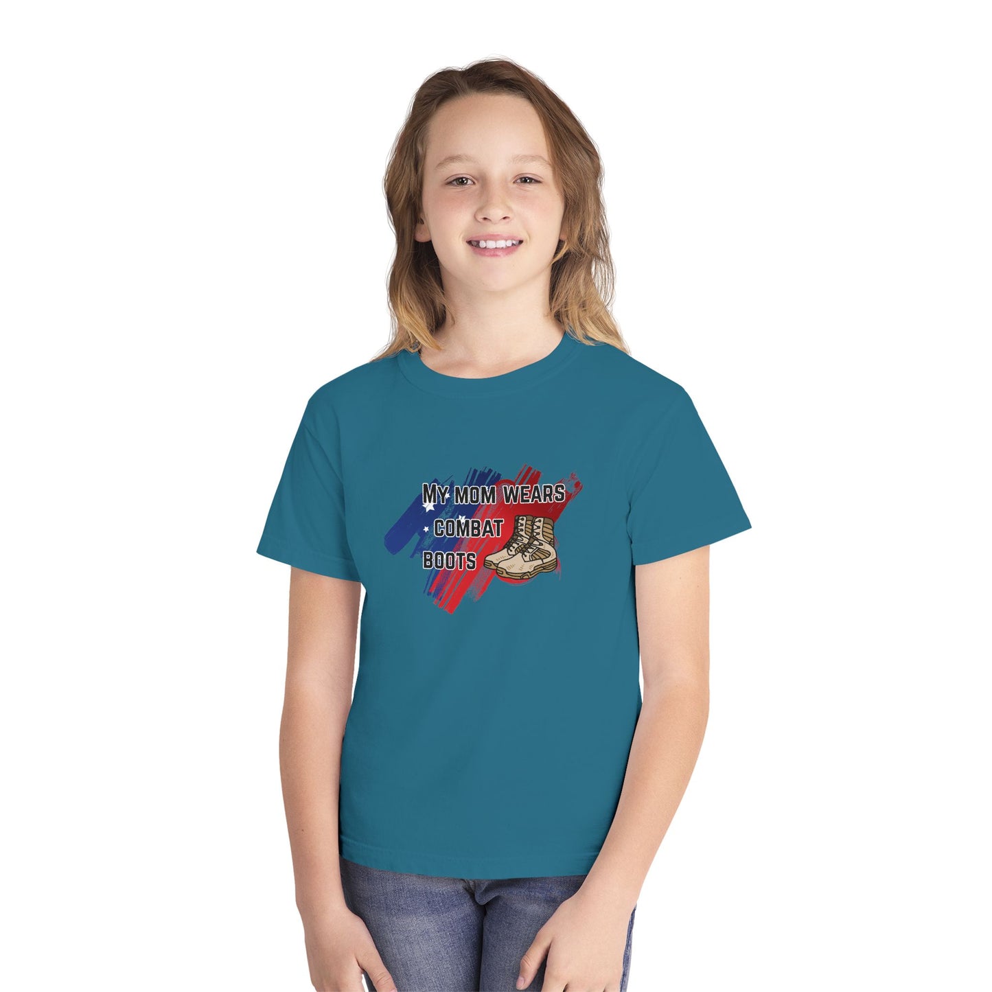 'My Mom Wears Combat Boots' Youth Tee, Military Pride Shirt, Patriotic Youth T-Shirt, Gifting for Veterans Day, USA Flag Apparel